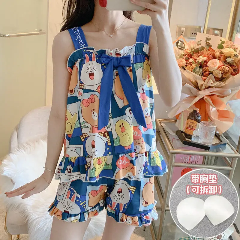 

Seeslim Doraemon Anime Pajamas Sets Sleepwear Suit Cartoon Home Women Nightclothes Nightwear Japanese Sleeveless Pyjamas Set