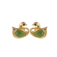 s925 sterling silver gold plated natural hetian jade green jade stud earrings cute niche temperament swan womens earrings