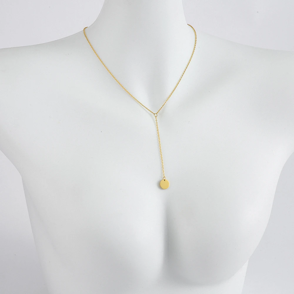 

Wholesale Delicate Y Necklace with 1cm Circle Pendant Stainless Steel simple Chain as Mother's Day Gift 10pcs/lot