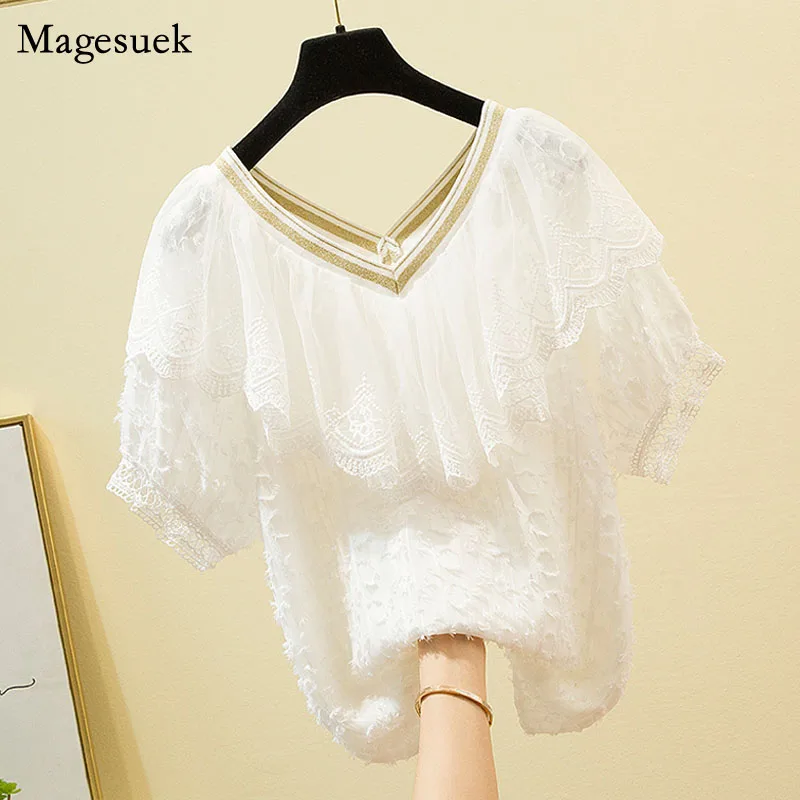 

Elegant L-4XL V-neck Ruffles Blouses 2021 Fashion Loose Summer Women Blouse Mesh Lace White Chiffon Tops Shirts Clothing14208