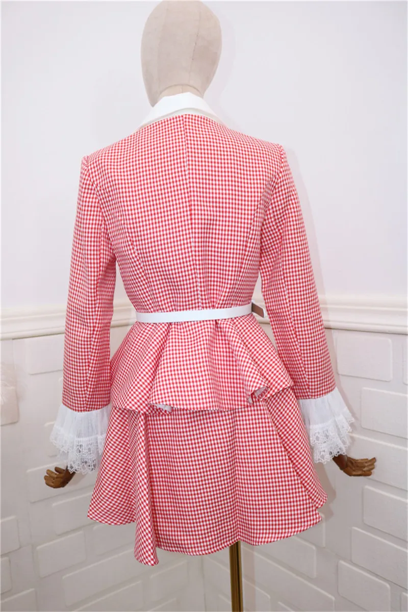 

Korea 2020 New Arrival Women Skirt Suit Spliced Lace Flare Sleeve Pearls Button Coat Plaid Sashes Mini Skirt Two Piece Set