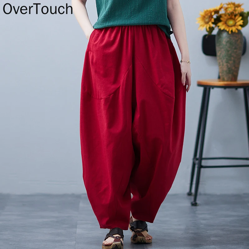 

2021 Summer Plus Size Women Long Pants Trousers Loose Oversized Casual Harem Pants Female Elastic Waist Pocket Cotton