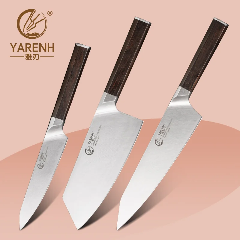 

Набор кухонных ножей YARENH, 3 шт., набор профессиональных поварских универсальных ножей Nakiri, острые немецкие 1.4116 из нержавеющей стали с черной ...