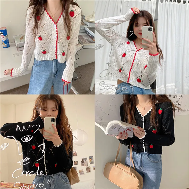 

New Flower Embroidery Women Autumn Knitted Cardigan New V-neck Hollow Out Single-breasted Jacket Fashion Sweet Femme Sweater