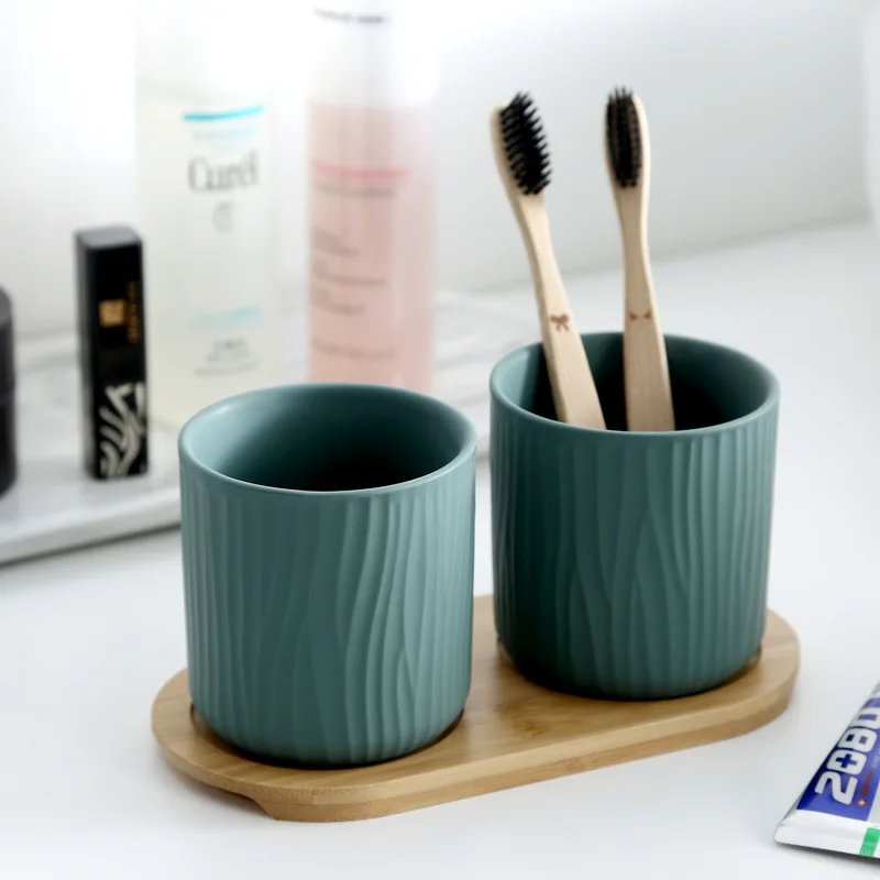 2pcs couples toothbrush holder ceramics cups set for bathroom accessories bamboo wood brush holder cup free global shipping