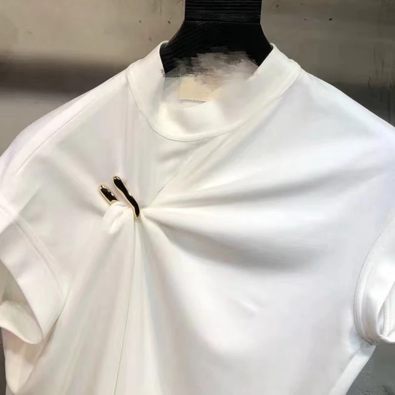 

GALCAUR Gold U-shaped Buckle Vests For Women O Neck Sleeveless Asymmetric Ruched Elegant Vest Female Fashion 2020 New Clothes