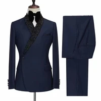 custom navy blue formal wedding suits for men fashion 2 pieces shiny lapel slim fit groom tuxedos man suit prom blazer business