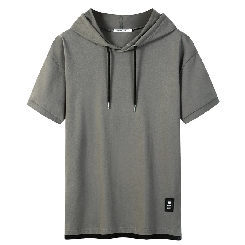 

False Two Short Sleeve T-shirt Men's Hoods Casual Loose Summer New Solid Color Stitching Cotton Top Tee