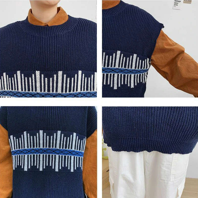 

Men Sweater Vest Print Loose Knitted Harajuku Simple Spring Autumn Males Leisure Chic Trendy Outwear Korean Style Fashion New