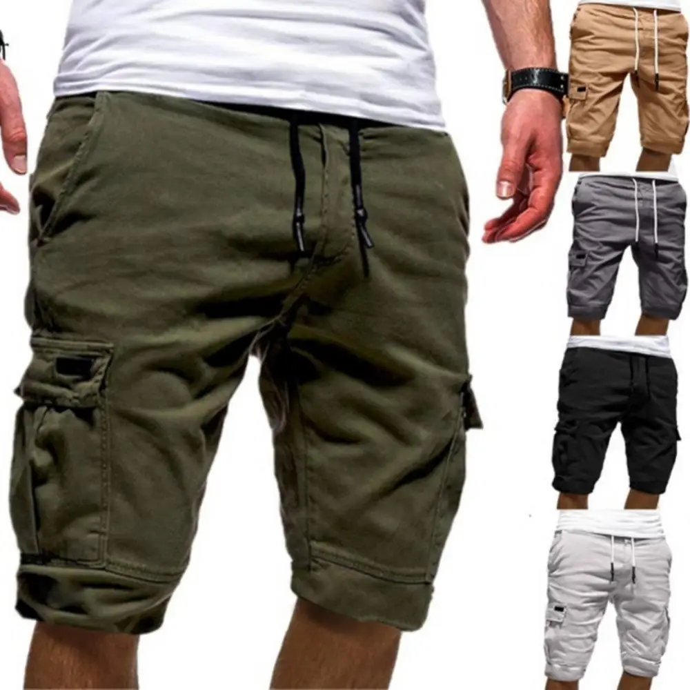 

70% Hot Sale Men Stylish Summer Solid Color Multi Pockets Drawstring Fifth Pants Beach Shorts