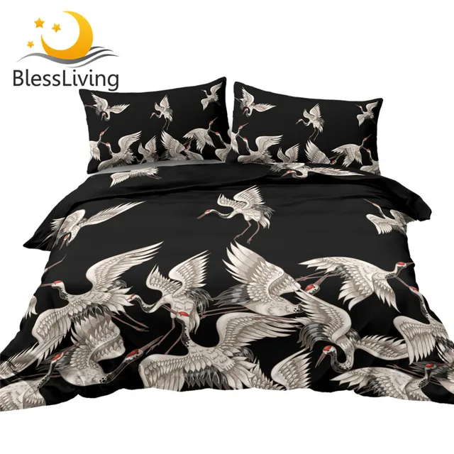 BlessLiving Japanese Cranes Bed Set 3 Piece White Bird Comforter Cover Noble Elegant Bedding Set Black Bedspreads Queen Dropship 1