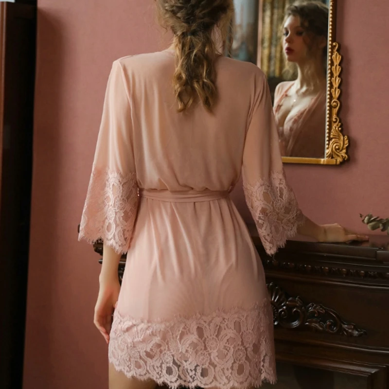 

1 set Womens Sheer Mesh Babydoll Lingerie Sexy Eyelash Lace V-Neck Backless Nightgown with Kimono Robe Thong Chemise Sleepwear