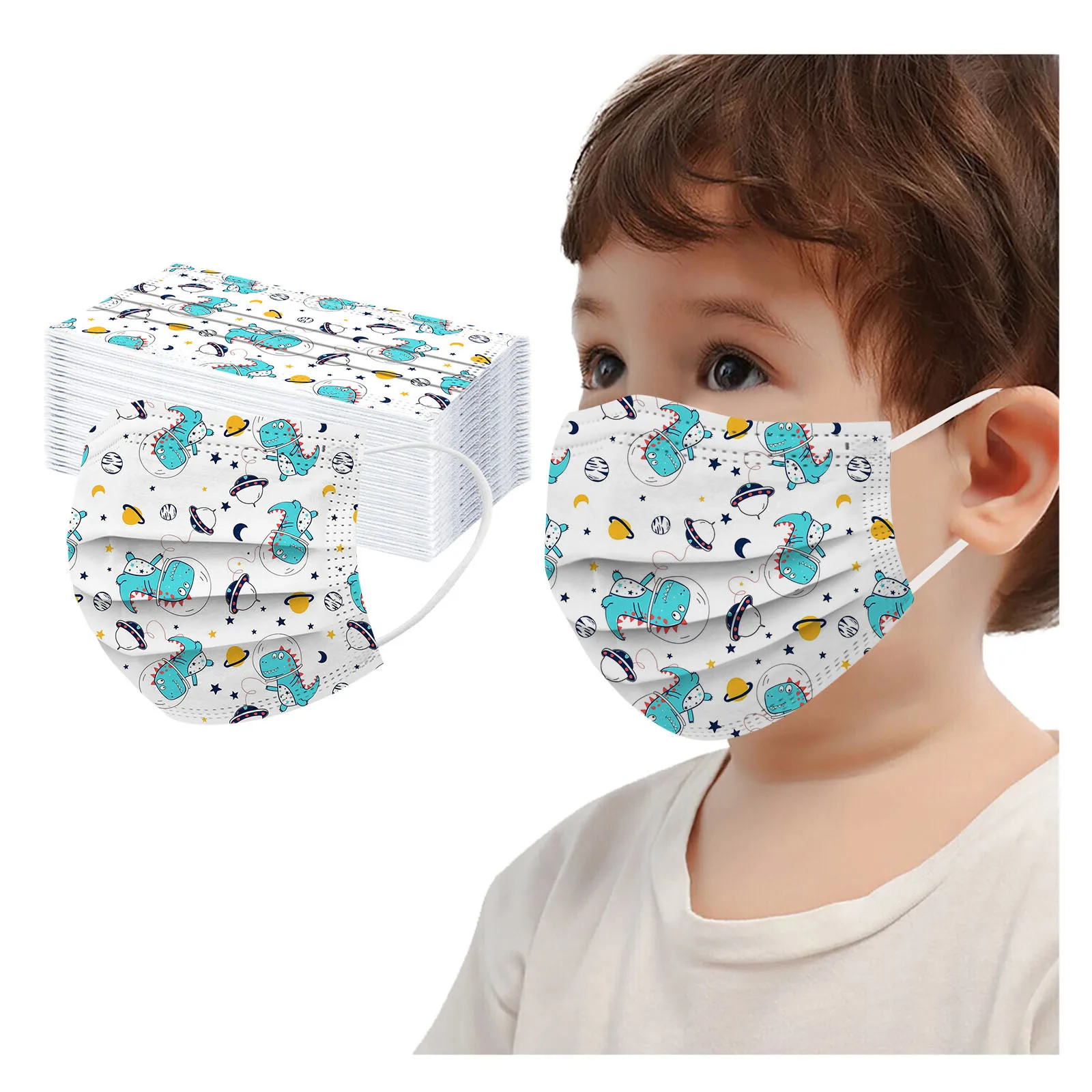 

50PC Cartoon Disposable Children Mouth Cover Dinosaur Printed Three-Layer Dust-Proof Girls Boys Mask Fabric Non Woven Kids Mask