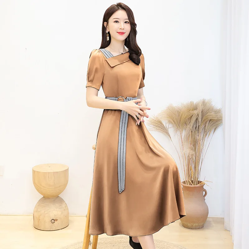

Spring/Summer 2021 new Korean version of large-size satin dress with acetate trim temperament V-neck fashion mid-length dress