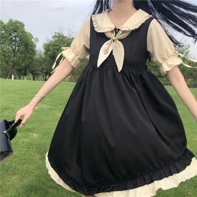 

Japanese Vestido Lolita Style Ladies Dress Fake Two Piece Stitching Loose Dress Women 2021 New Sweet Cute Girl Ruffle Dresses