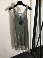 high quality luxury summer sexy womens shining studded mesh hollow vest dress with lining