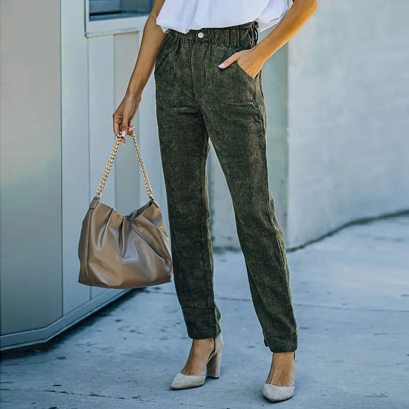 

Винтажные вельветовые брюки с эластичным поясом для женщин, Осень-зима, модные однотонные брюки с карманами, офисные женские повседневные с...