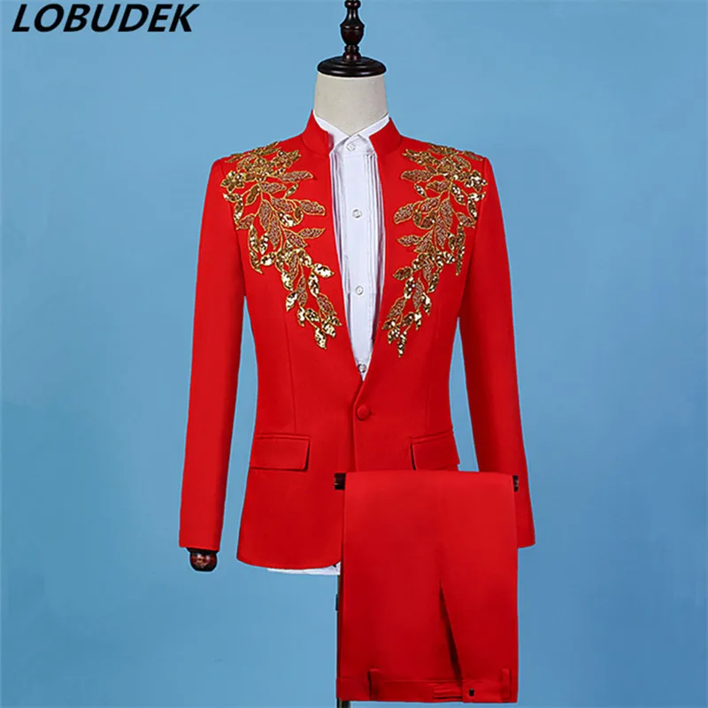 

Vintage Gold Sequins Beads Red Blazers 2-Pieces Men's Wedding Groom Suit For Male Party Prom Tuxedo Singer Host Costume Chorus