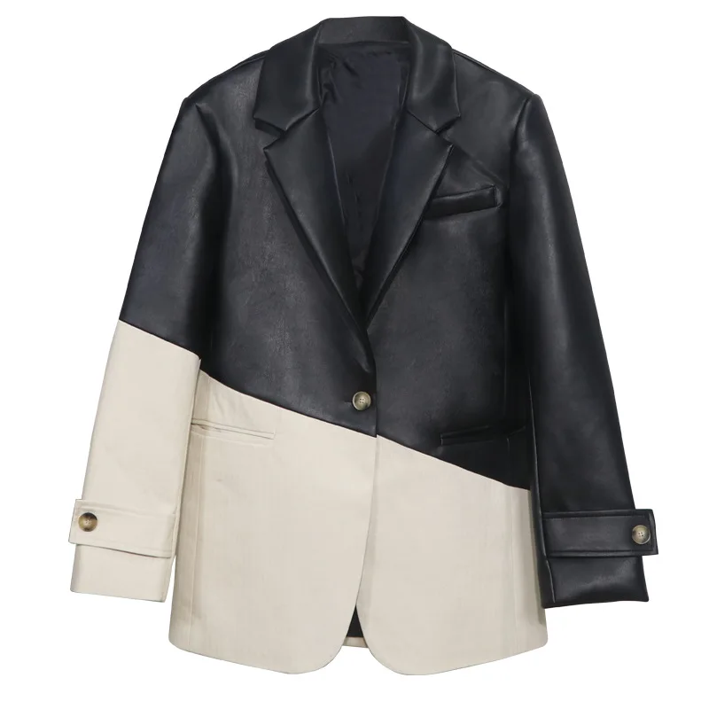 

SuperAen Autumn 2020 New Loose Ocomotive Clothing Splicing Suit Medium Long PU Leather Coat for Women Jacket