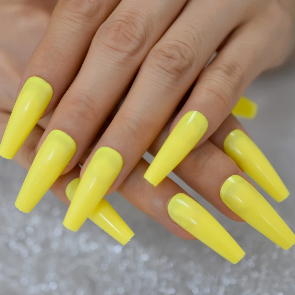24 шт. неоновый желтый пресс на накладные ногти Экстра длинные балерины гроб