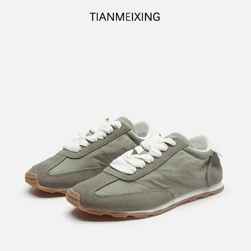 

German Training Shoes Female Nude Color Stitching Soft Tendon Sole Retro Casual Sports Board Shoes Green Shoes Female Autumn