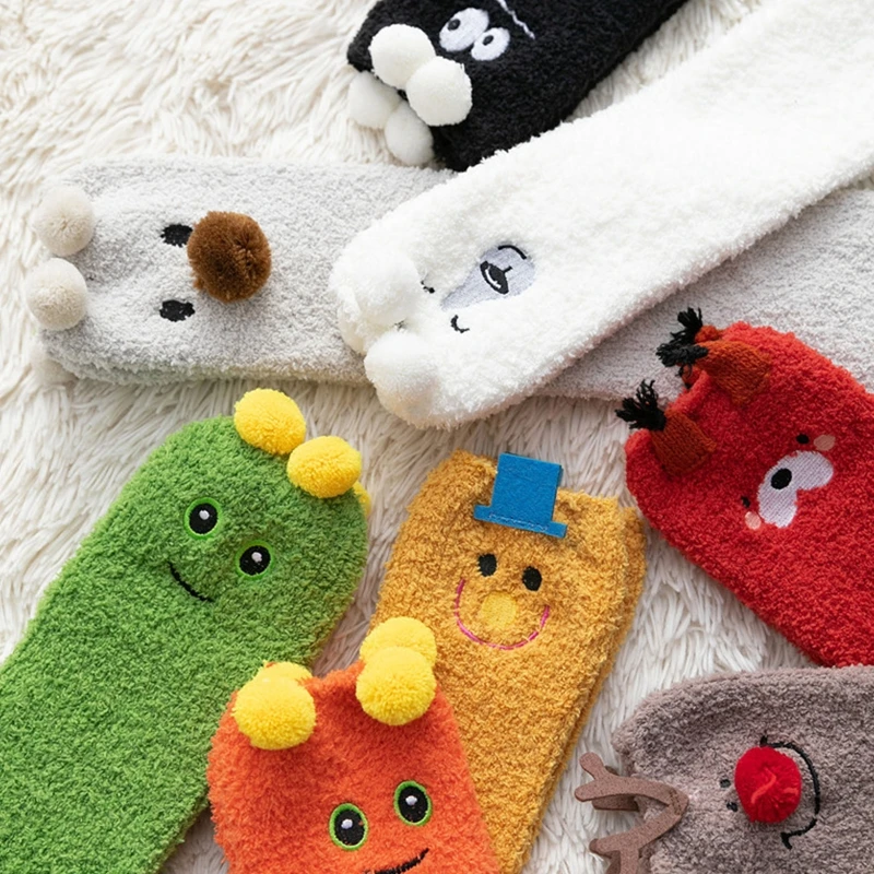 8 Pairs Unisex Coral Velvet Knee High Socks Leg Warmer Solid Color Cartoon Animal Embroidery Fuzzy Sleeping Stockings