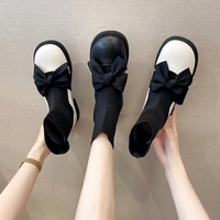 marry jane bow women flat thick chunky low heel shoes pu leather round toe black buckle retro lolita gothic shoes ladies female