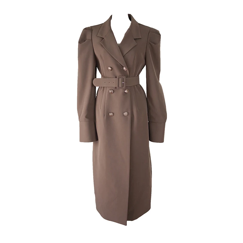 

New Autumn Winter Office Lady Runway Designer Women Long Trench Coat Double Single Notched Collar Wrap Black Maxi Coat Outwear