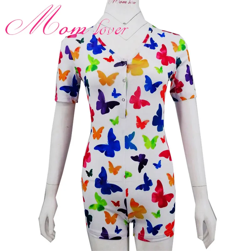 

2020 Summer Adult Sexy Onesies Short-Sleeved Butterfly Pattern Printed Women Christmas Sleepwear Butt Flap Bodycon Milk Silk