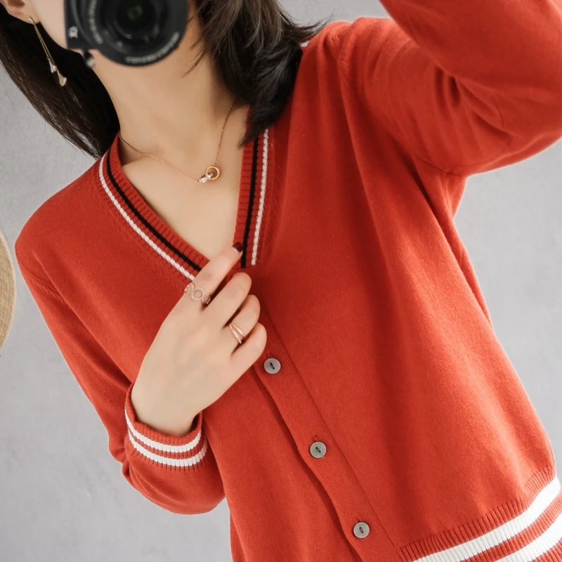

MVLYFLRT Plus size 100% cotton cardigan woman V-neck slim-fit sweater fashion stitching to keep warm new style free shipping