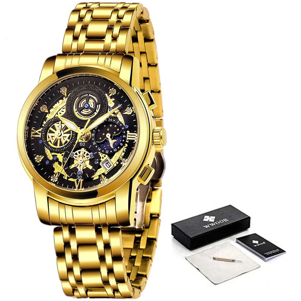 

WWOOR 2021 New Fashion Mens Watches Top Brand Luxury Stainless Steel Hollow out Quartz Watch Men's Sports Chronograph Waterproof