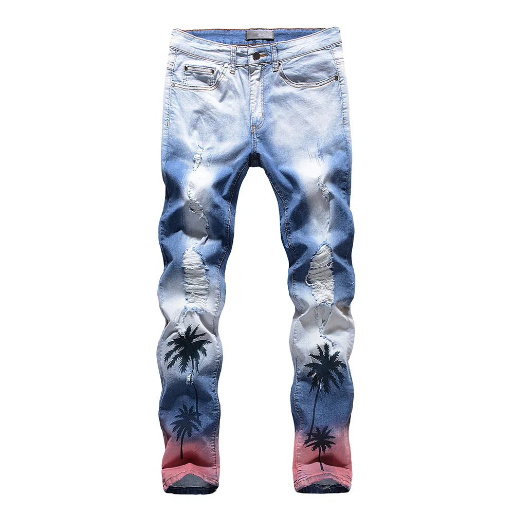 

Large Size 28-42 Vogue Streetwear Designer Printed Men Jeans Straight Man Punk Hole Pants Slim Fit Hip Hop Ripped Jeans Male