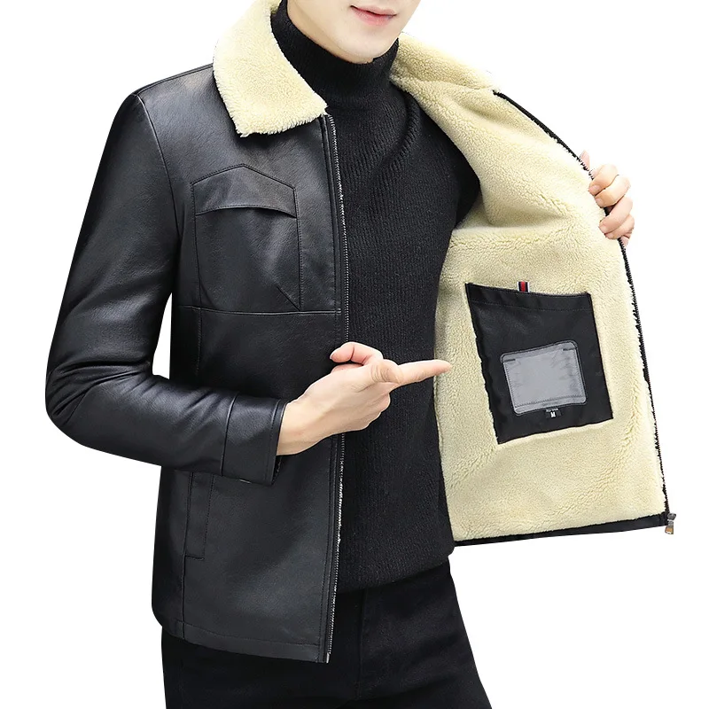 

new Winter style fur coat men's Plush thickened Youth Fur One Piece Flannel collar PU leather jacket cashmere coat