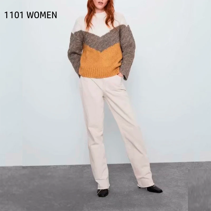 ZA новый весенний женский белый коричневый желтый контрастный вязаный свитер с