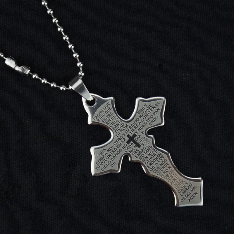 

Fashion Charm Stainless Steel Silver Cross Scripture Pendant Necklace Titanium Steel Free Round Bead Chain