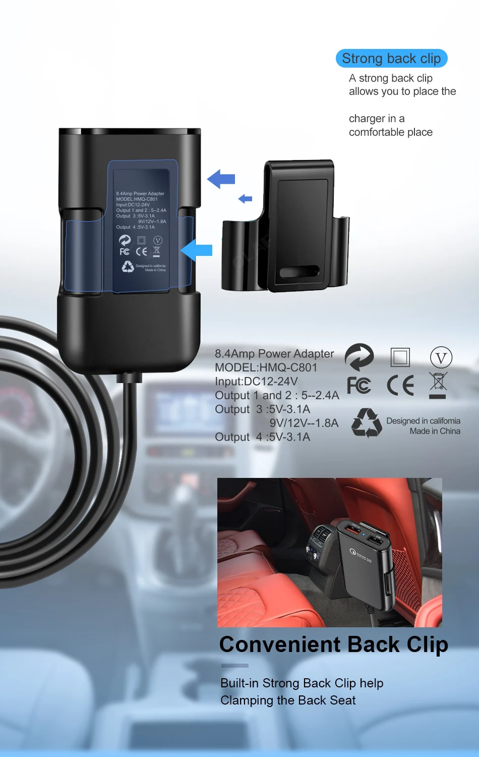 Автомобильное зарядное устройство OLAF Quick QC3.0 2.4A+ 3.1A 4 usb-порта с удлинительным кабелем для зарядки заднего сиденья с зажимом для Iphone, смартфона