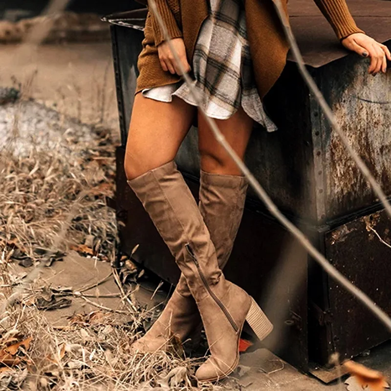 Knee High Boots Winter Women Warm Shoes Zipper Heel Tall Sewing Thick Ladies 2020 New Black Brown Dropship | Обувь