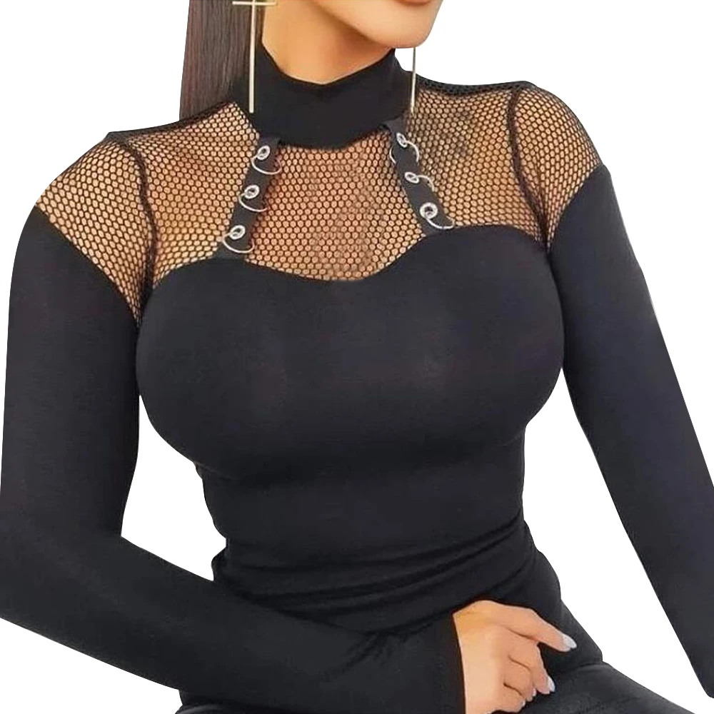 

Sexy Women Fishnet T Shirt See Through Transparent Mesh Tops Long Sleeve Slim Fit Ladies Turtleneck Patchwork Hollow Out T-Shirt