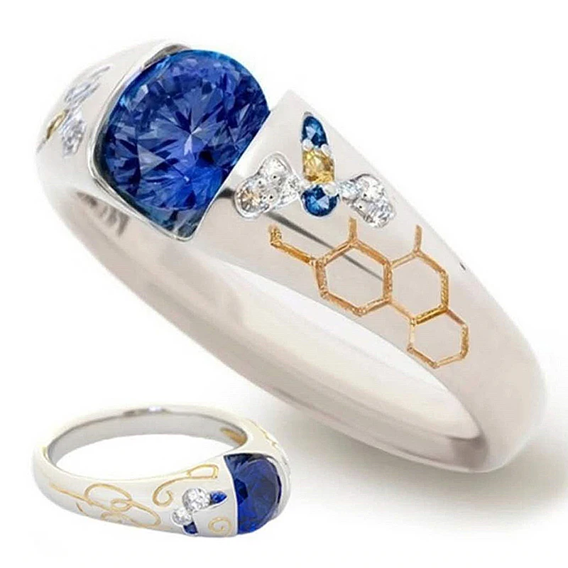 

Fashion two-tone bee ring honeycomb creative modeling birthday gifts jewelry simple blue white Glass Filled rings for women