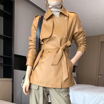 Chaqueta de cuero de oveja Real genuino de longitud media para mujer, nuevo, delgado, 2021