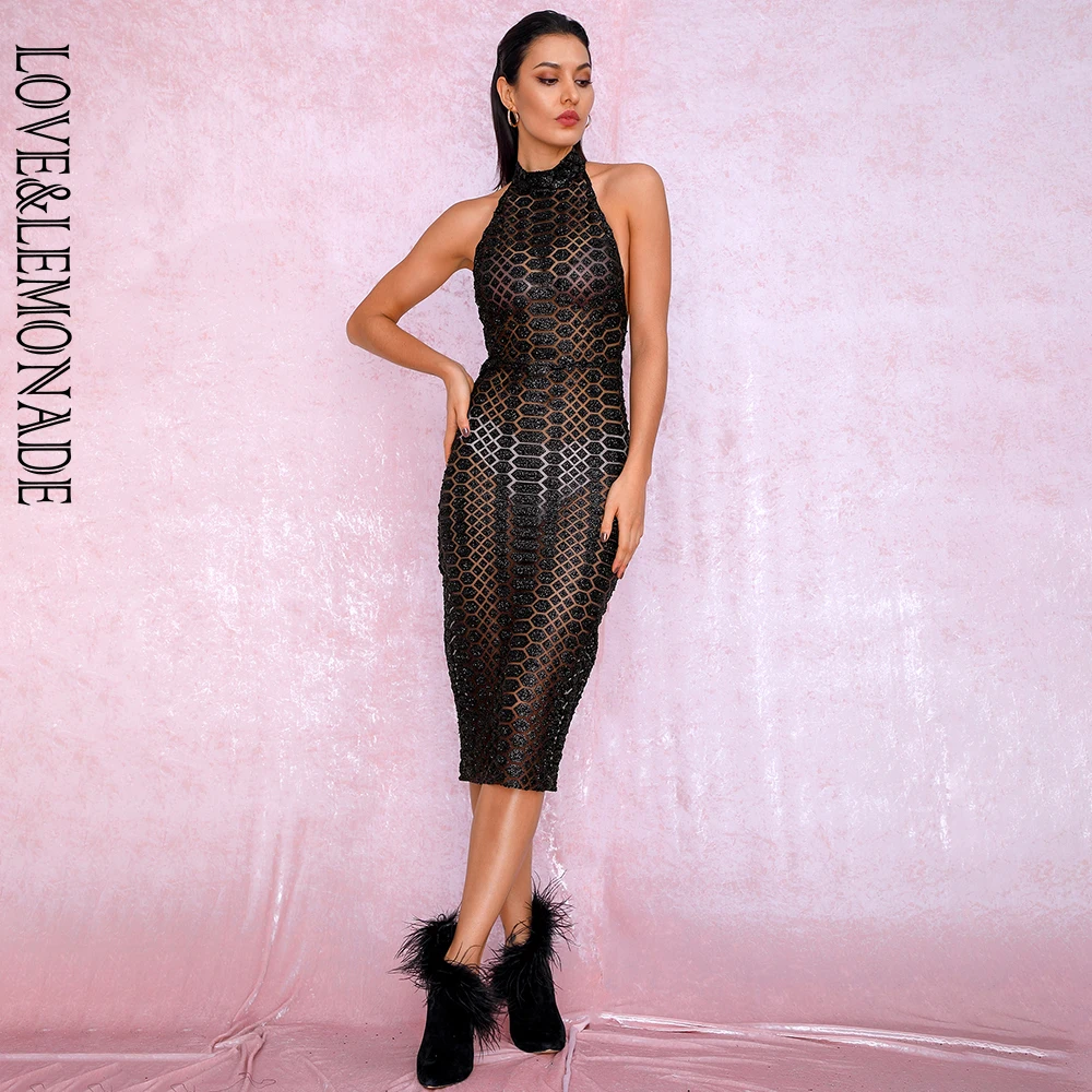 LOVE& LEMONADE A/W сексуальное черное платье до колена с открытой спиной и сеткой с наклеенными блестками LM82019
