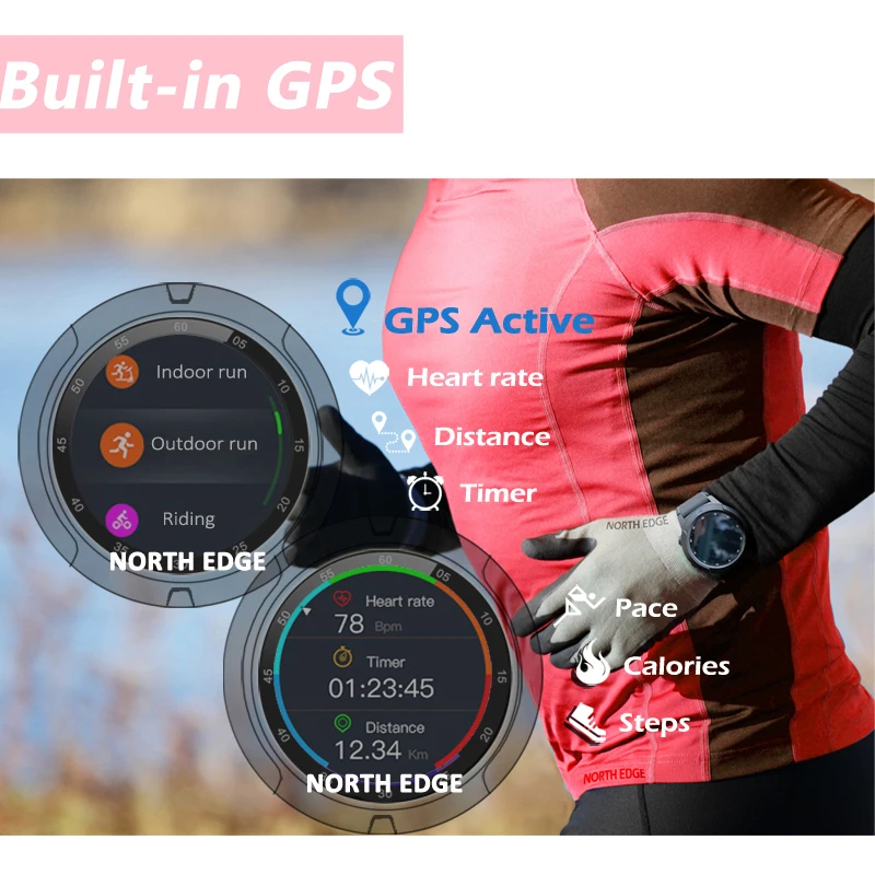 Смарт-часы North Edge мужские с GPS модный фитнес-трекер цветным экраном пульсометром