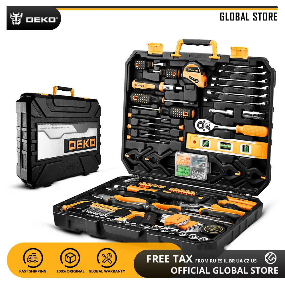 

DEKO Hand Tool Set Household Repair Hand Tool Kit with Storage Case Plastic Tool box Plier Socket Wrench Saw Screwdriver Knife
