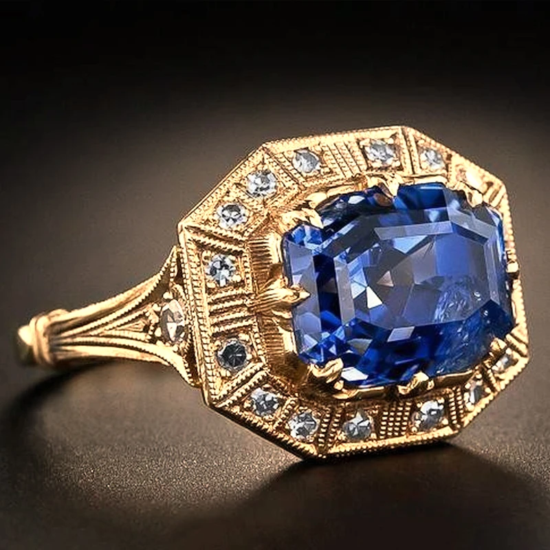Blue Topaz Princess Diamond Ring with 18K Yellow Gold Color Engagement for Women Gift Jewelry | Украшения и аксессуары