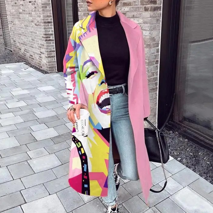 

Long Wool Coat Women 2021 New Autumn and Winter Long Lapel Print Coat Women Long-sleeved Loose Windbreaker Coat