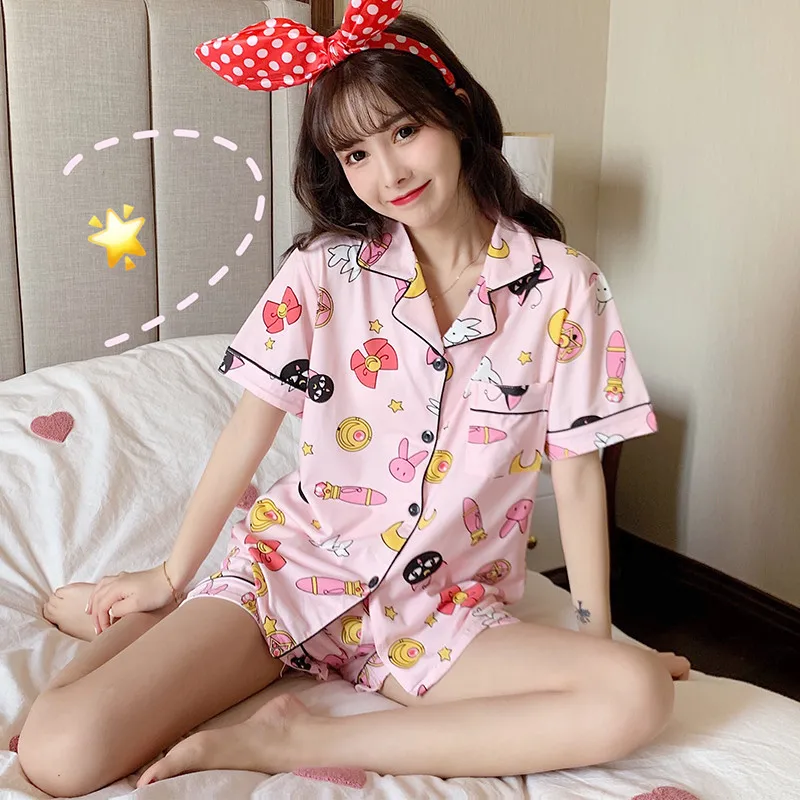 

Kawaii Cotton Sleepwear Cute Print Pajamas Sets For Women Short Sleeve Pink Homewear Female Sexy Cardigan Nightwear