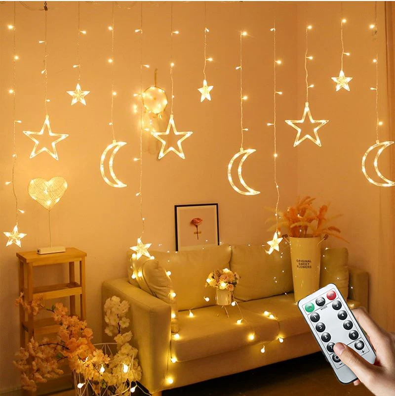 

LED Icicle Star Moon Lamp Fairy Curtain String Lights Christmas Garland Outdoor For Home Wedding Party Garden Windows Decoration