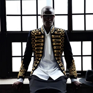 Мужской Стильный Блейзер, черная Золотая куртка с вышивкой, пиджак для ночного клуба, мужской певец и ведущий костюм, европейский стиль, одежда для студийной сцены