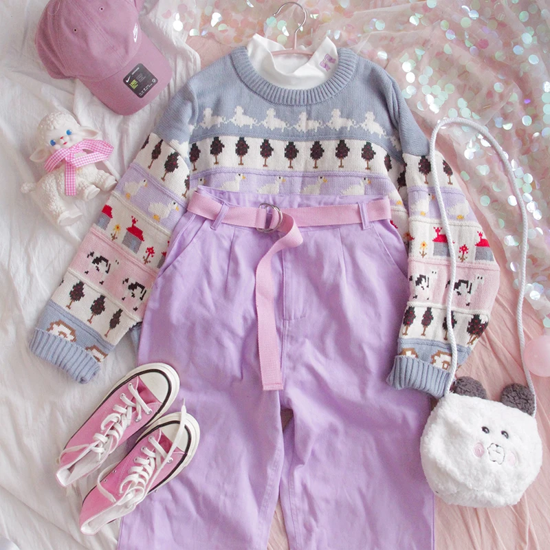 2020 Winter Sweater Thicken pullover Loose Oversize Cute Cartoon Print Vintage Soft Long Sleeve Knitted | Женская одежда