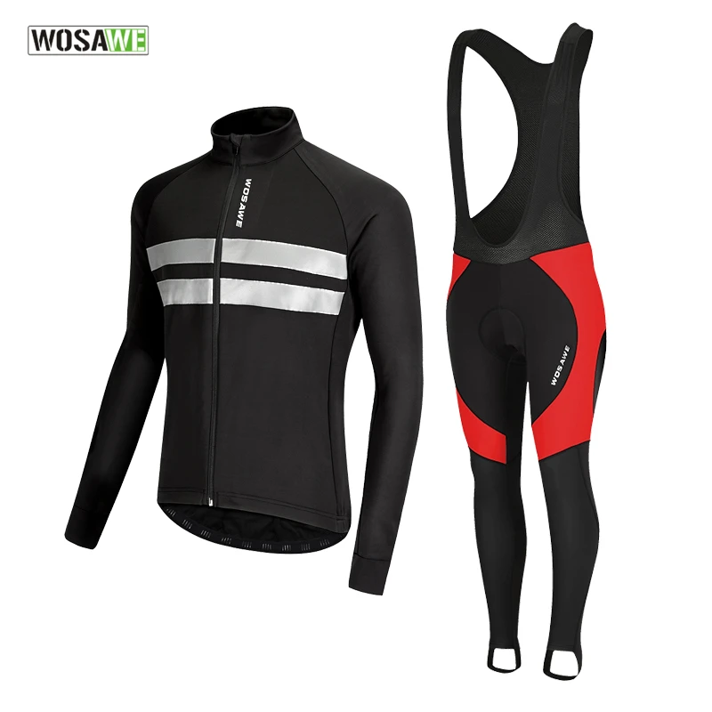 

WOSAWE Winter Fleece Cycling Jacket Bib Tights Set Reflective Windproof Warm Up Tracksuit Outdoor MTB Road Bike Cycling Clothing